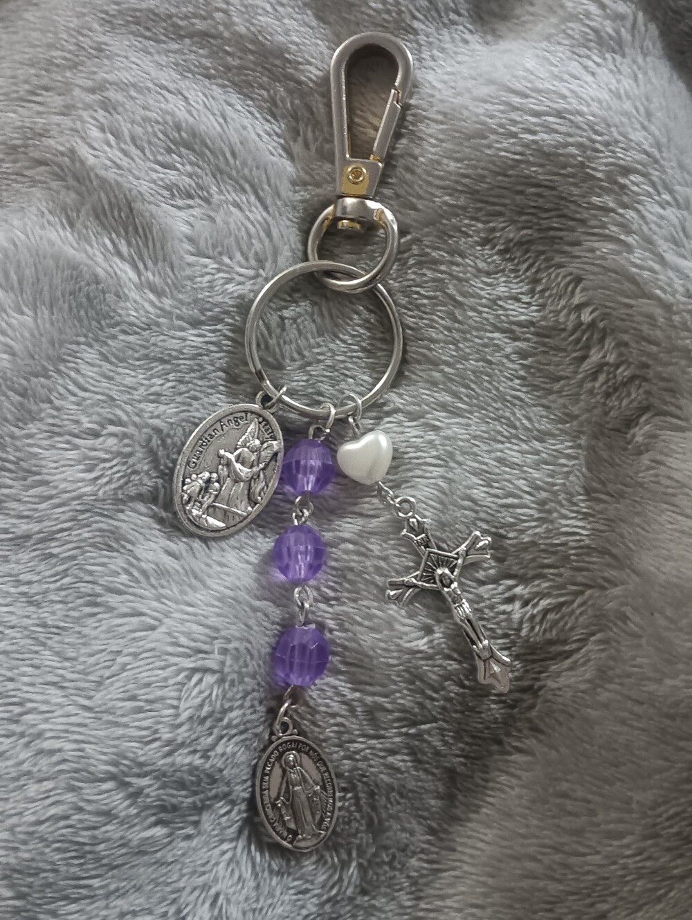 Silver Crucifix Keychain with Purple Beads and White Heart Charm